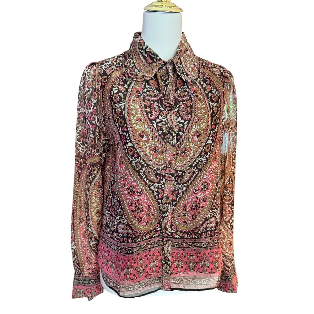 Walter Baker Sheer Paisley Floral Button Down Blouse Pink Brown Long Sleeve Top